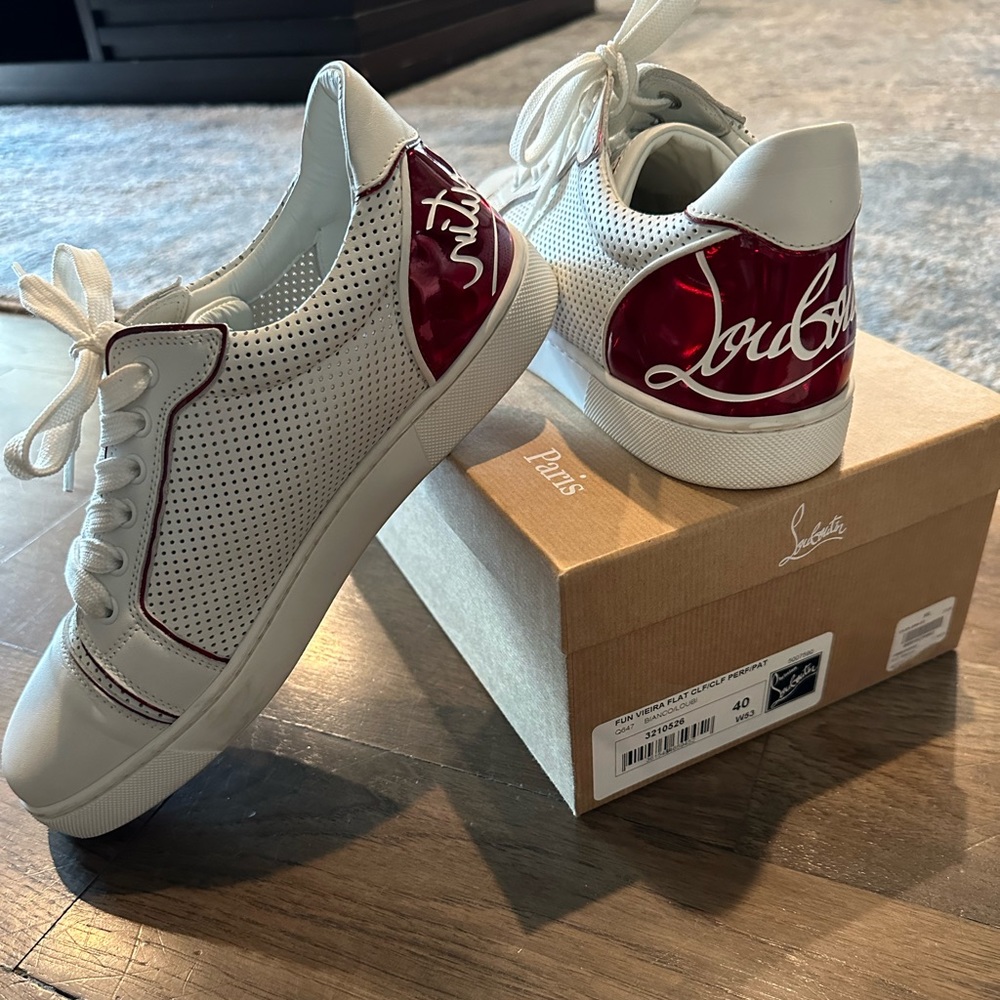 Size 40 women’s Christian Louboutin white red tennis shoes
